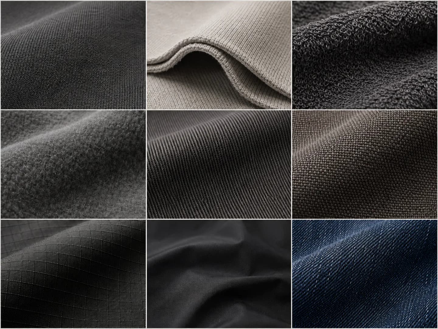 Nine menswear fabric structures including jersey, fleece, twill, canvas, ripstop and denim