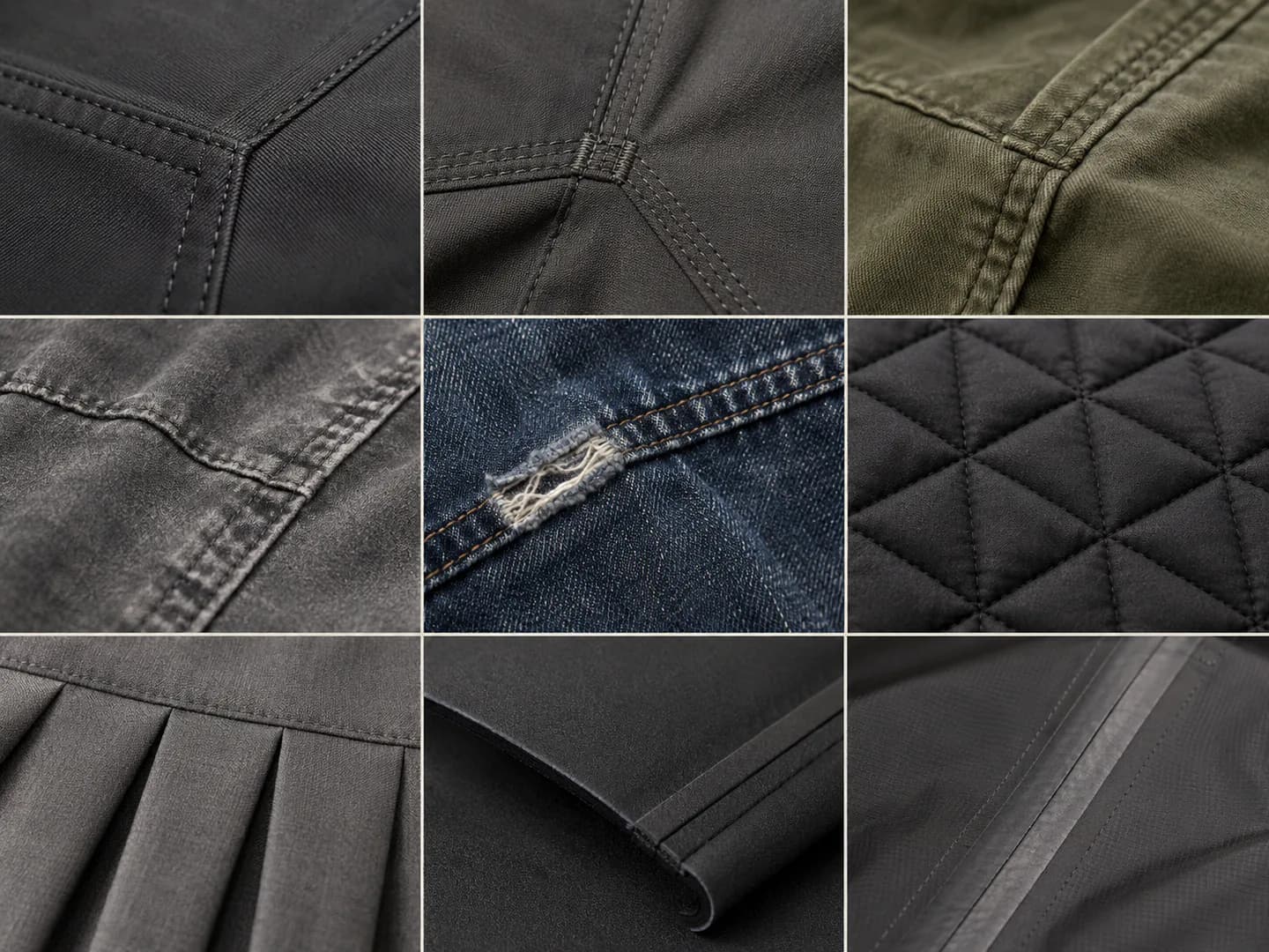Nine custom menswear garment techniques including seaming, washing, distressing, quilting and pleating