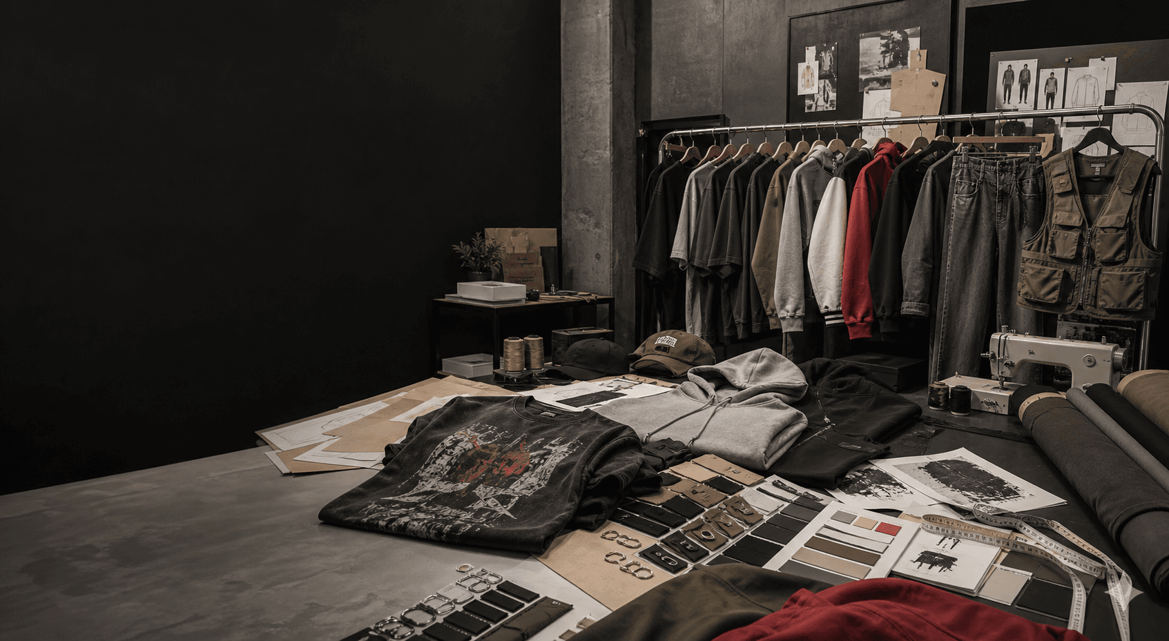 Streetwear collection development studio with menswear samples and materials