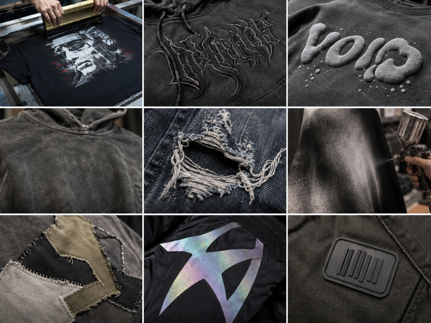 Custom menswear printing embroidery puff print washing distressing and finishing techniques