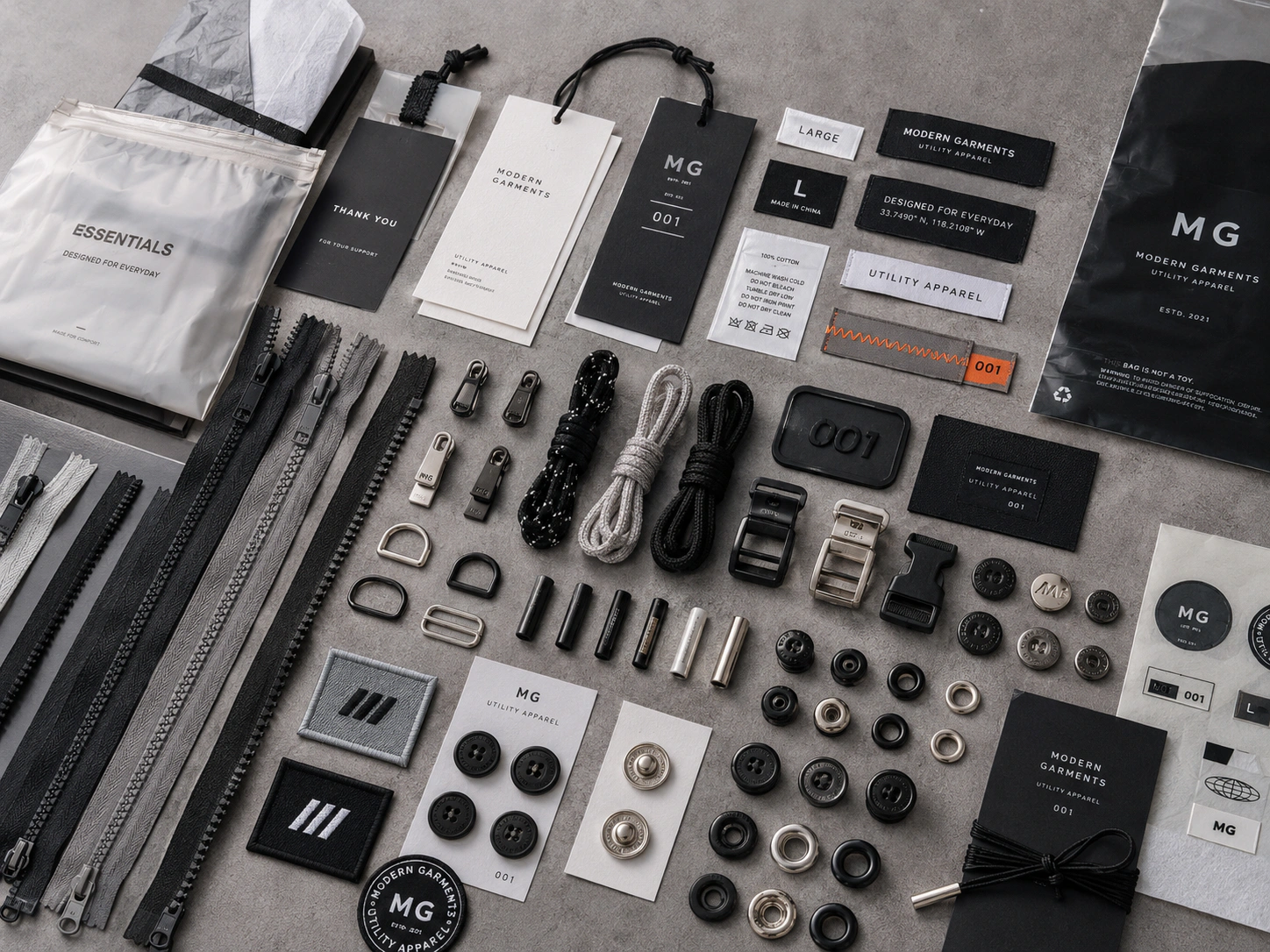 Custom menswear labels zippers buttons drawcords hardware and packaging trims